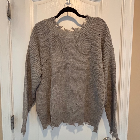 Zenana Rough-Edge, Distressed Grey V-Neck Sweater, Size Medium - Picture 2 of 4